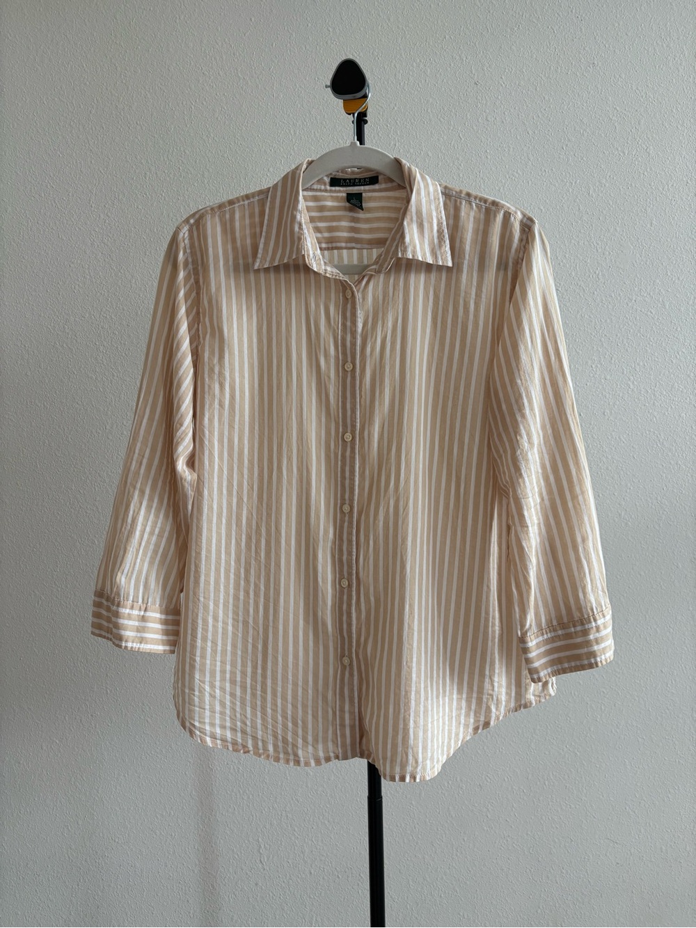 Lauren Ralph Lauren Vintage Y2K Tan White Striped Shirt Sz L Lightweight Cotton